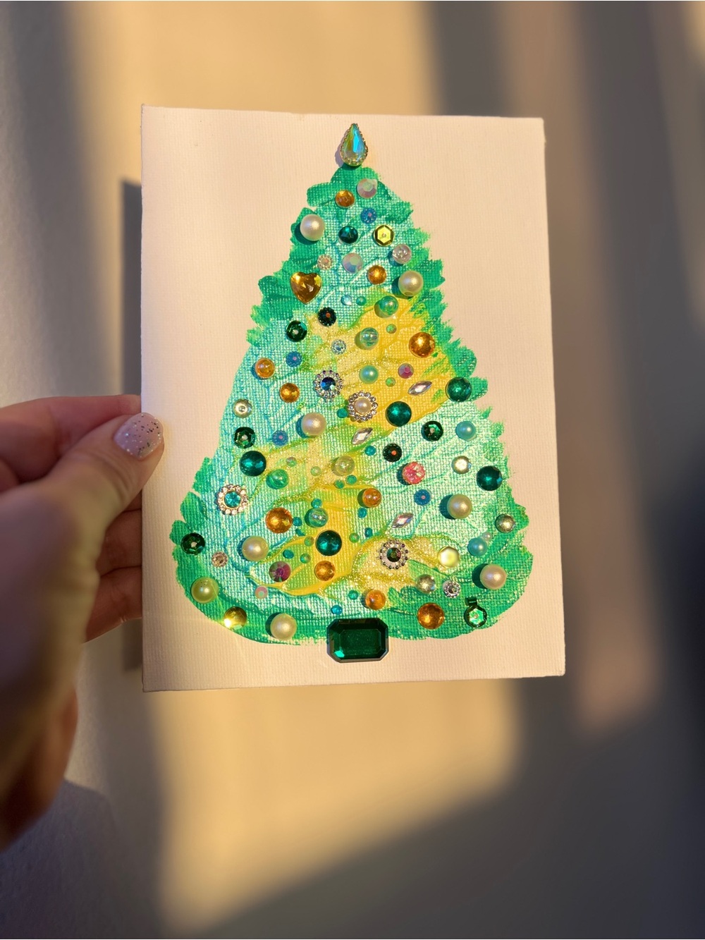 Handmade Green & Yellow Christmas Tree Canvas with Gem Embellishments 5x7 inch - Picture 6 of 8